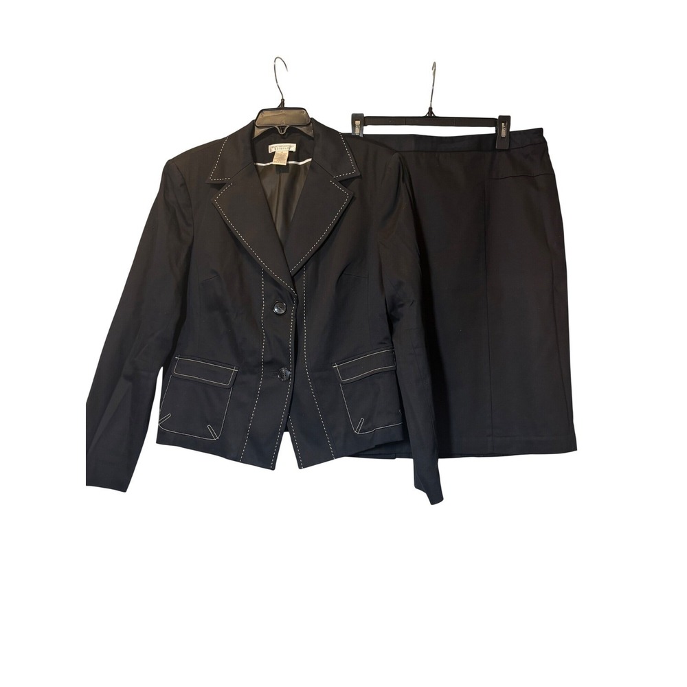 Worthington Womens Black Skirt Suit Set Contrast Stitch Blazer Pencil Skirt - 14